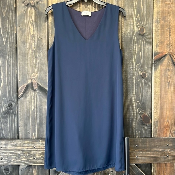 Everly Mini Dress M Navy Blue A Line Sleeveless Semi Formal Silky Smooth Minimal - Picture 1 of 7